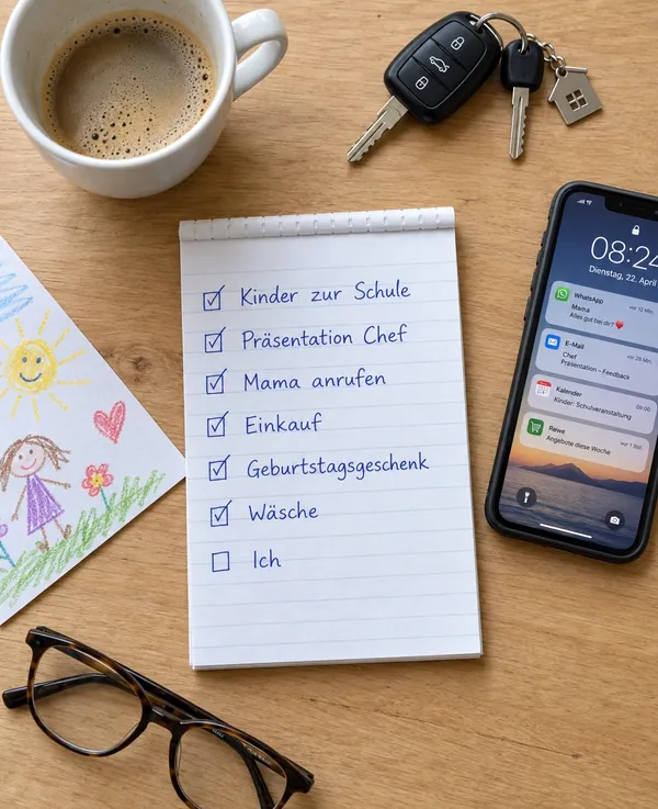 To-do-Liste auf dem Küchentisch: Kinder zur Schule, Präsentation Chef, Mama anrufen, Einkauf, Geburtstagsgeschenk und Wäsche sind abgehakt, nur „Ich“ ist offen.